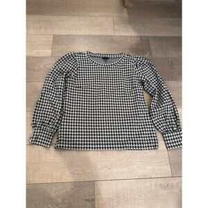 Talbots Houndstooth Puff Sleeve Womens Top Blouse Black and White Shirt Medium